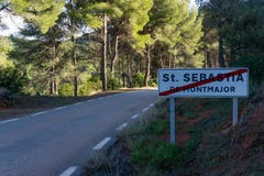 BARCELONA, SPAIN - 3 JANUARY 2021: Sign on the road to the end of the village of Sant Sebastià de Montmajor